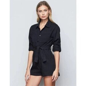 Good American Size 4 Black Long Sleeve‎ Twill Romper Shorts Jumpsuit Utility